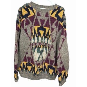 VTG Tricots St Raphael Mens Sweater Wool Size Medium Grey Brown Black Geometric